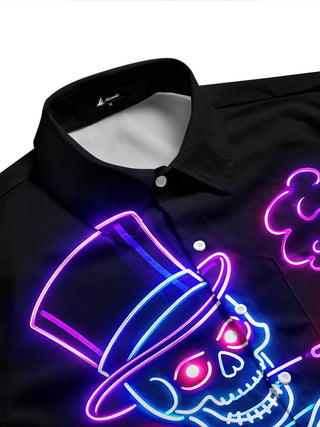 Dark Neon Colorful Skeleton Gentleman Men's Pocket Short Sleeve Shirts