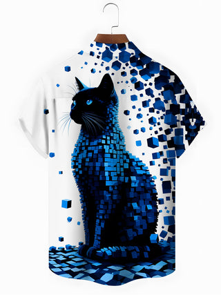 Men's short sleeve cat print pocket shirt back view