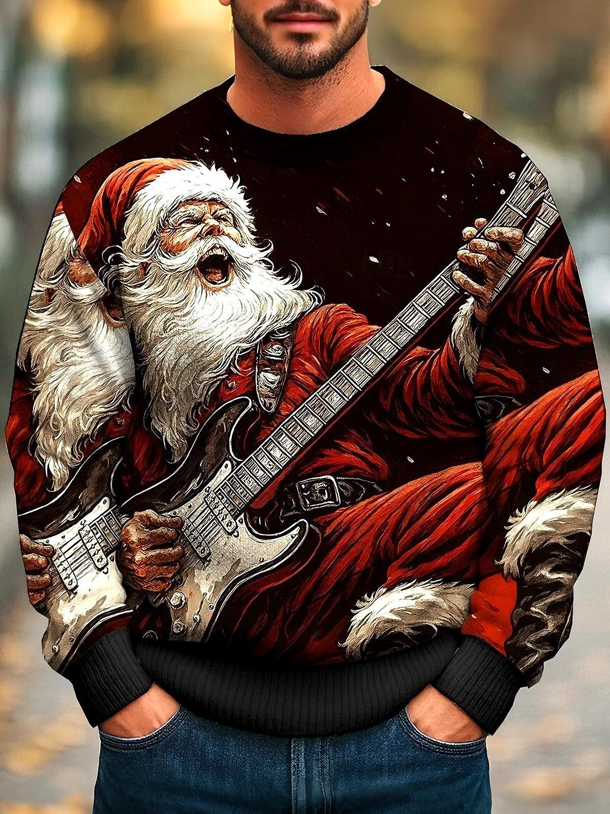 Santa Claus Guitar Men's Long Sleeve Round Neck Tops