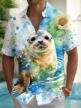 Seal Print Men's Pocket Short Sleeve Shirts