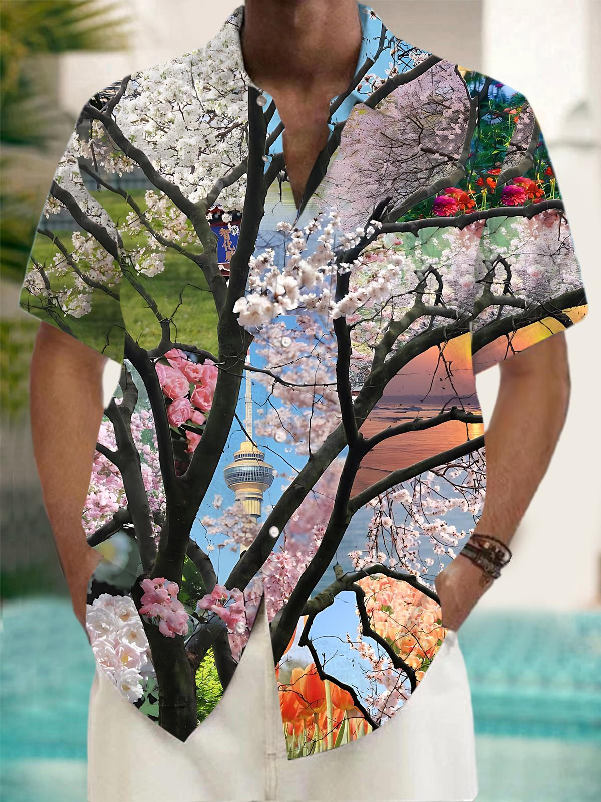 Sakura Print Men's Pocket Short Sleeve Shirts