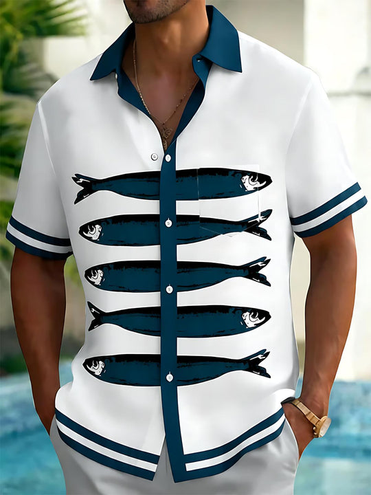 Men's blue fish print short sleeve shirt front view