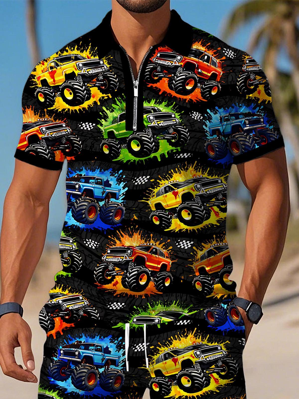 Car Print Men's Short Sleeve Zipper Polo