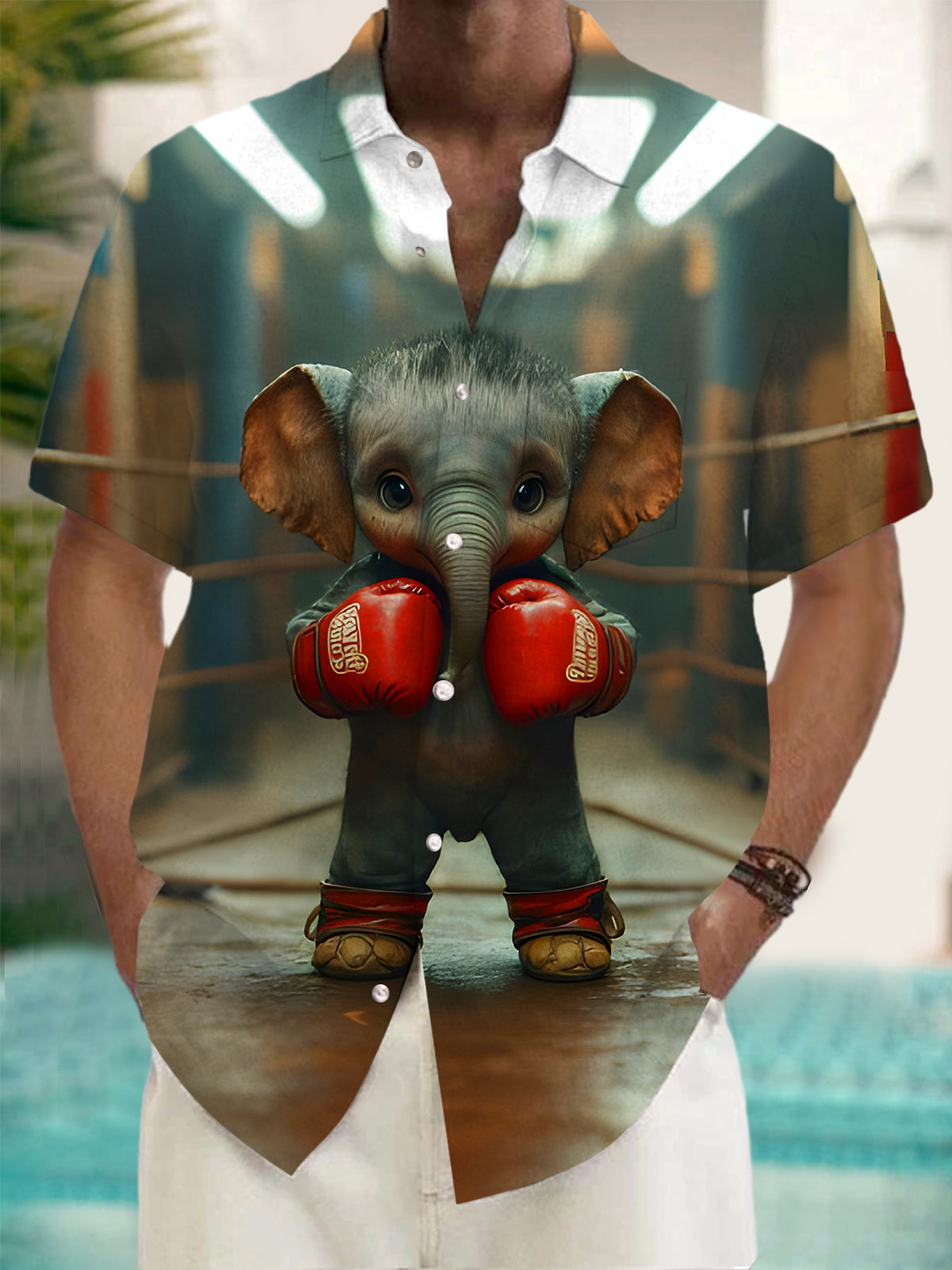 Fun Boxing Elephant Men's Pocket Short Sleeve Shirts