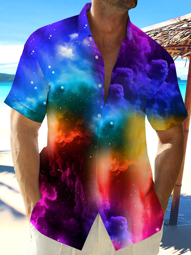 Men's colorful abstract print short sleeve shirt front view