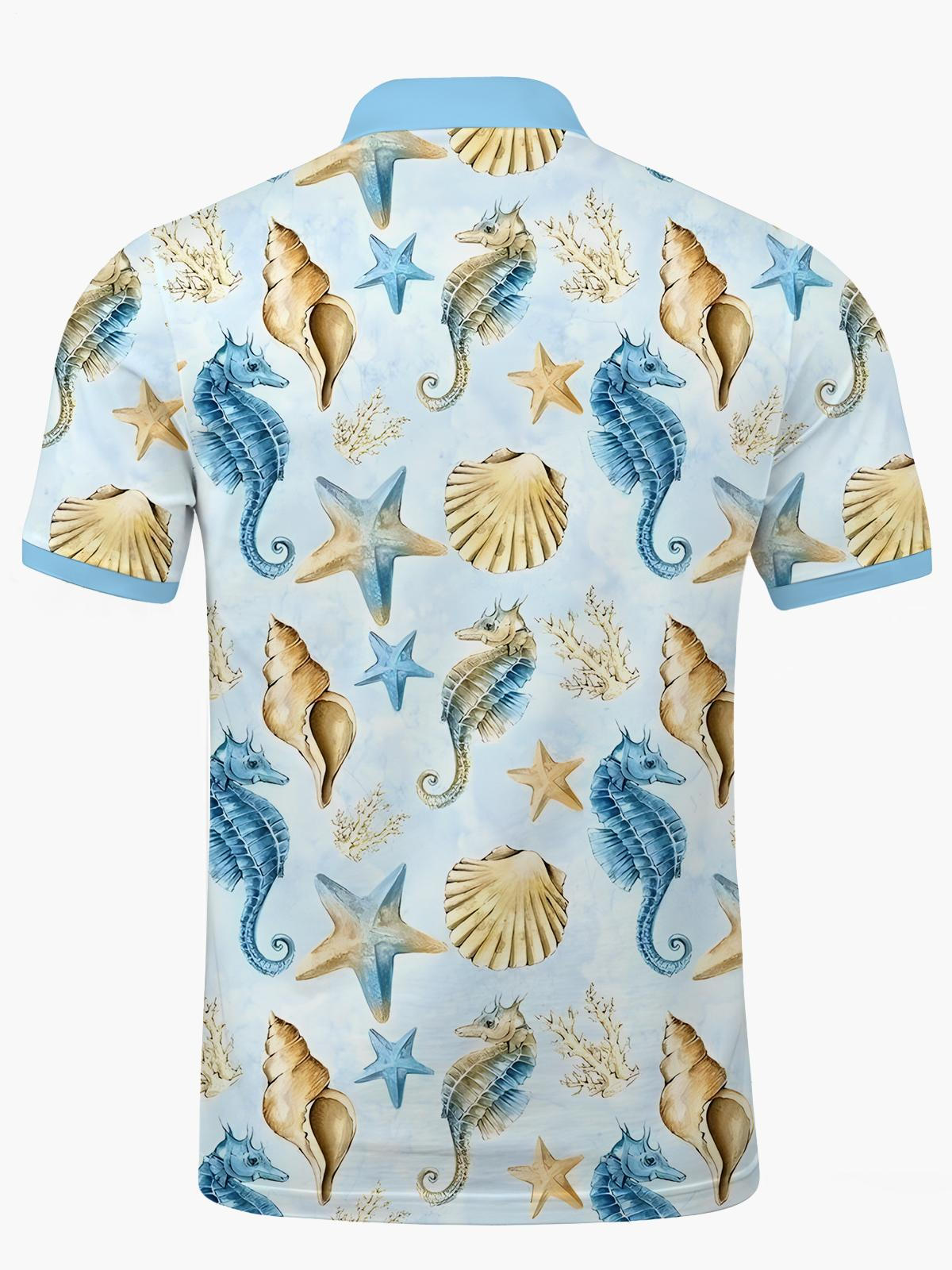 Marine Life Print Men's Short Sleeve Button Polo Shirt