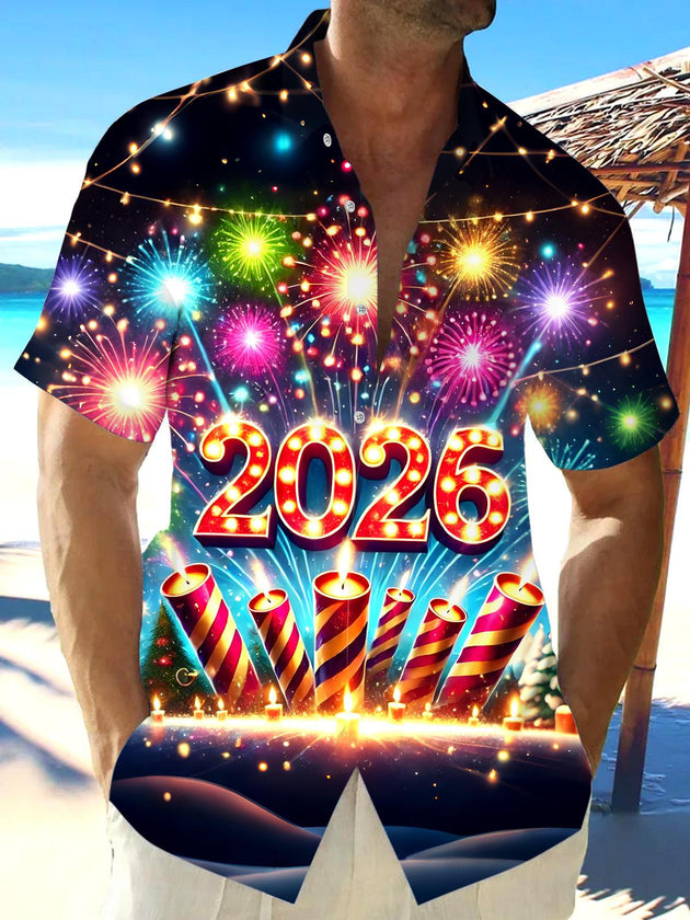 Men's 2026 New Year Fireworks Print Pocket Short Sleeve Shirt Front View