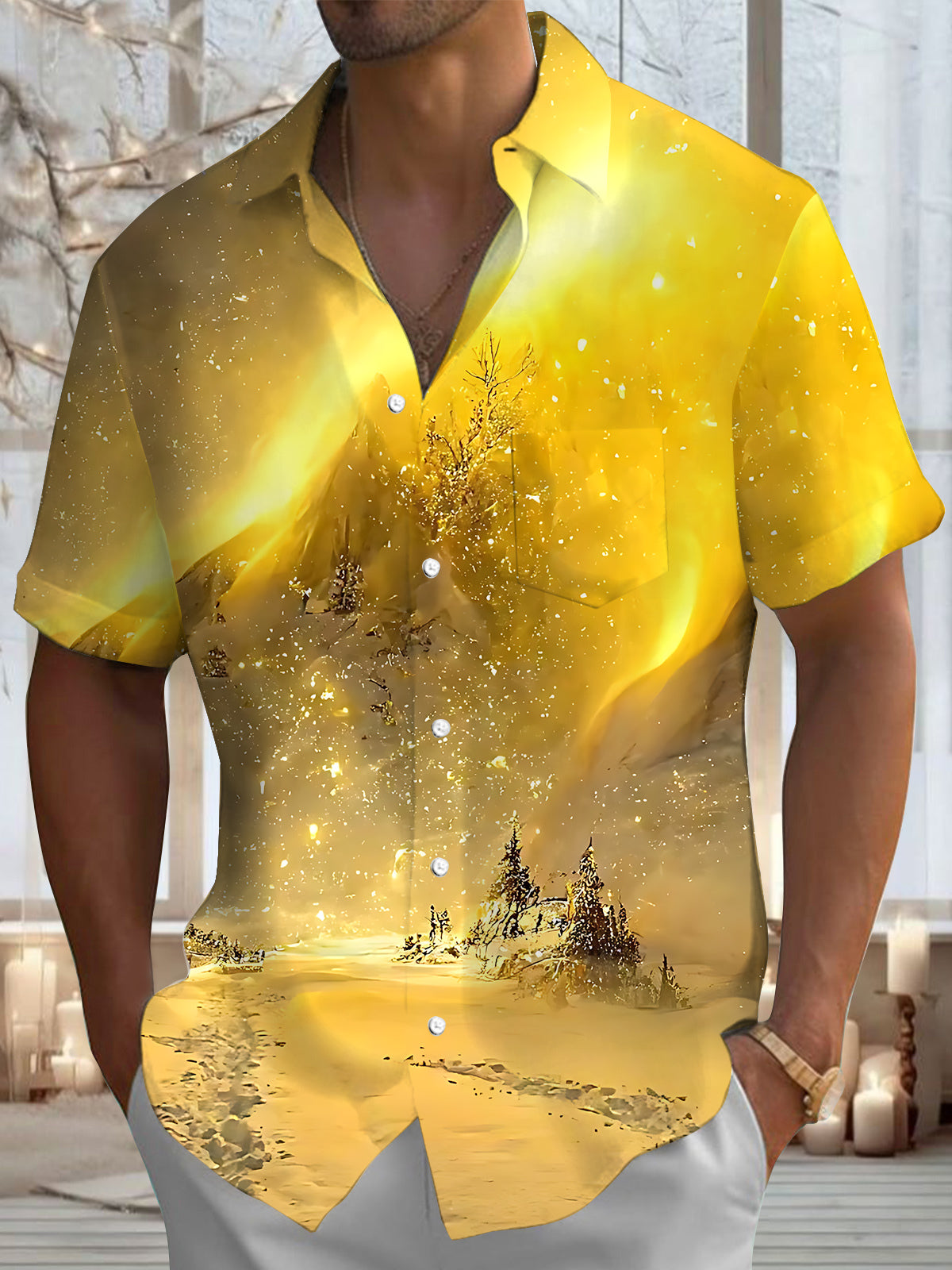 Yellow Winter Snow Scene Print Men's Pocket Short Sleeve Shirts