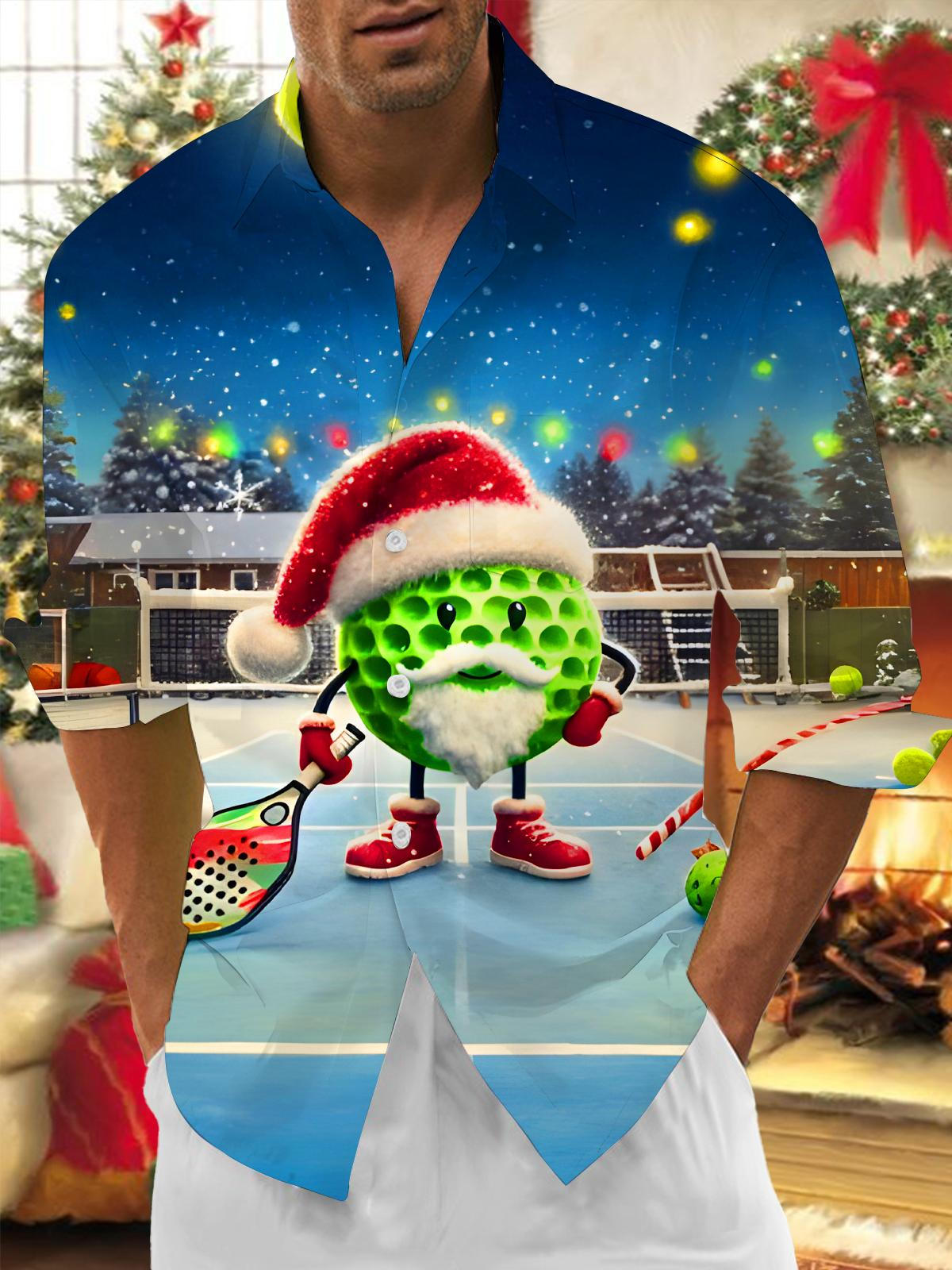 Fun Christmas Tennis Xmas Men's Pocket Long Sleeve Shirts