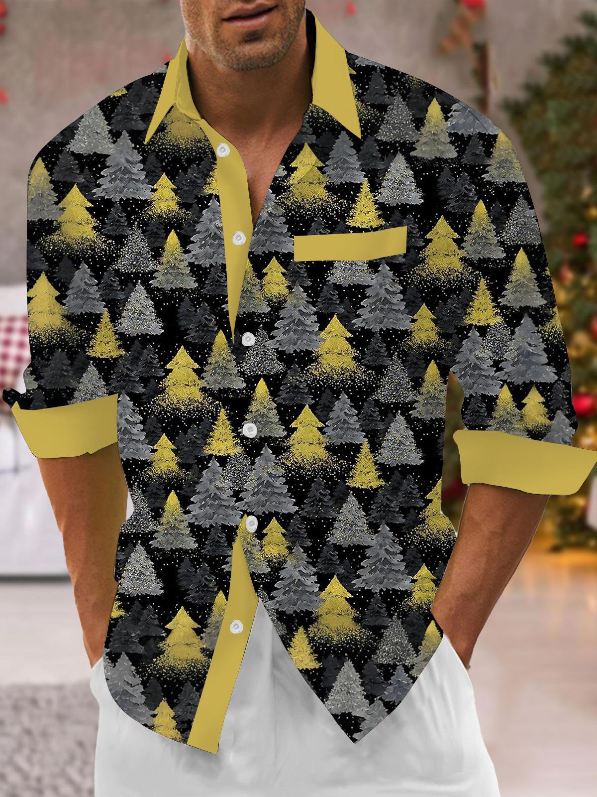Christmas Tree Print Men's Pocket Long Sleeve Shirts