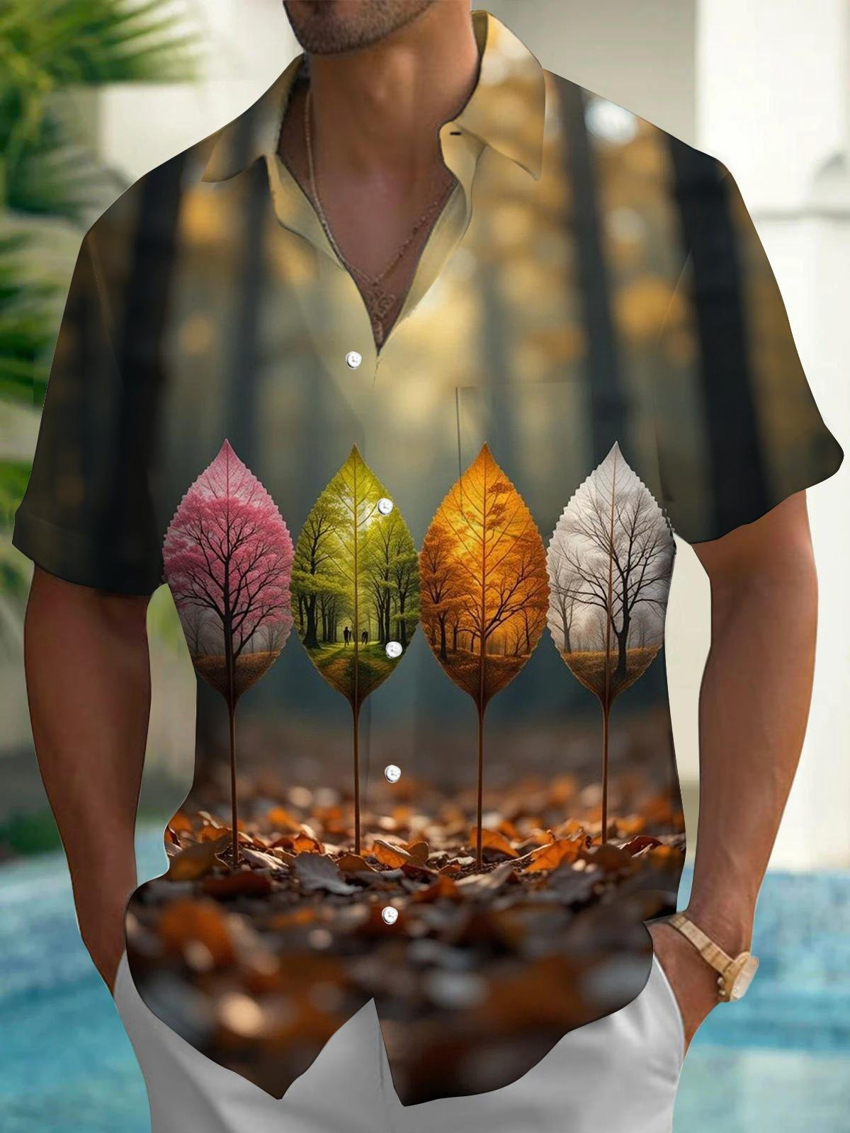 Leaf Print Men's Pocket Short Sleeve Shirts