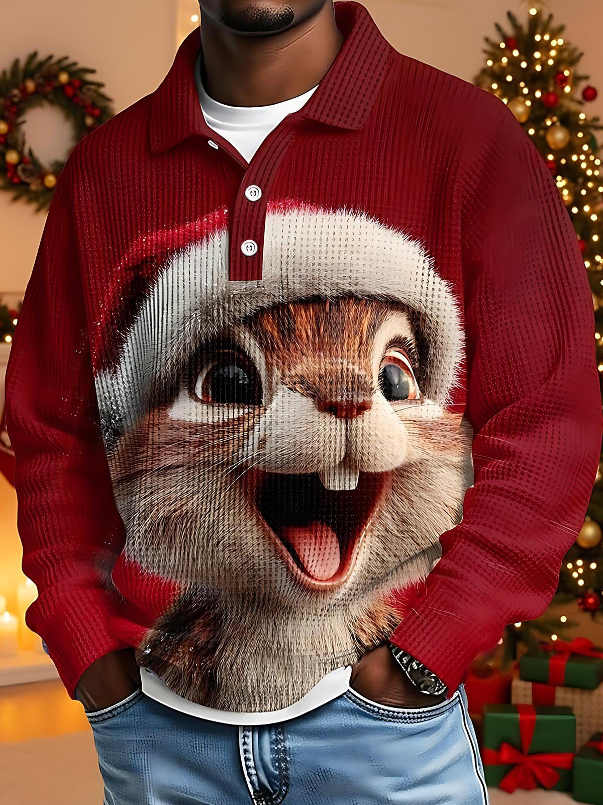 Christmas Squirrel Print Men's Long Sleeve Button Polo