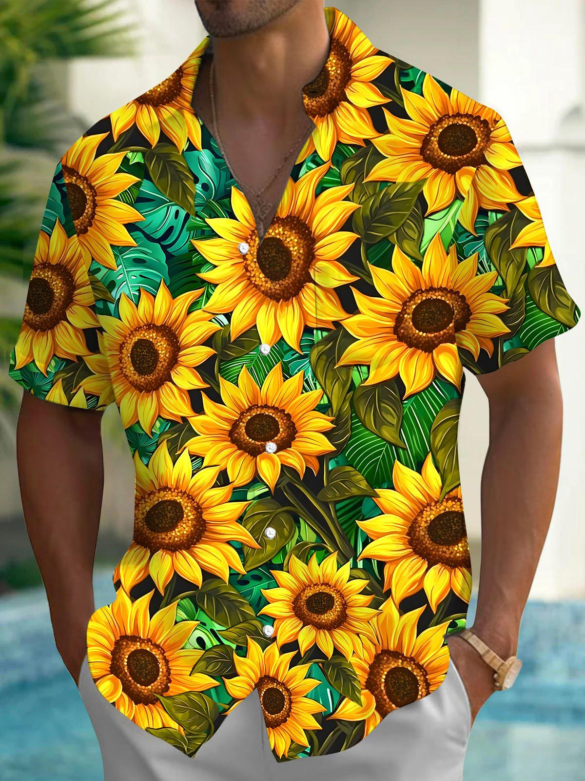 Hawaiian Sunflower Men's Pocket Short Sleeve Shirts