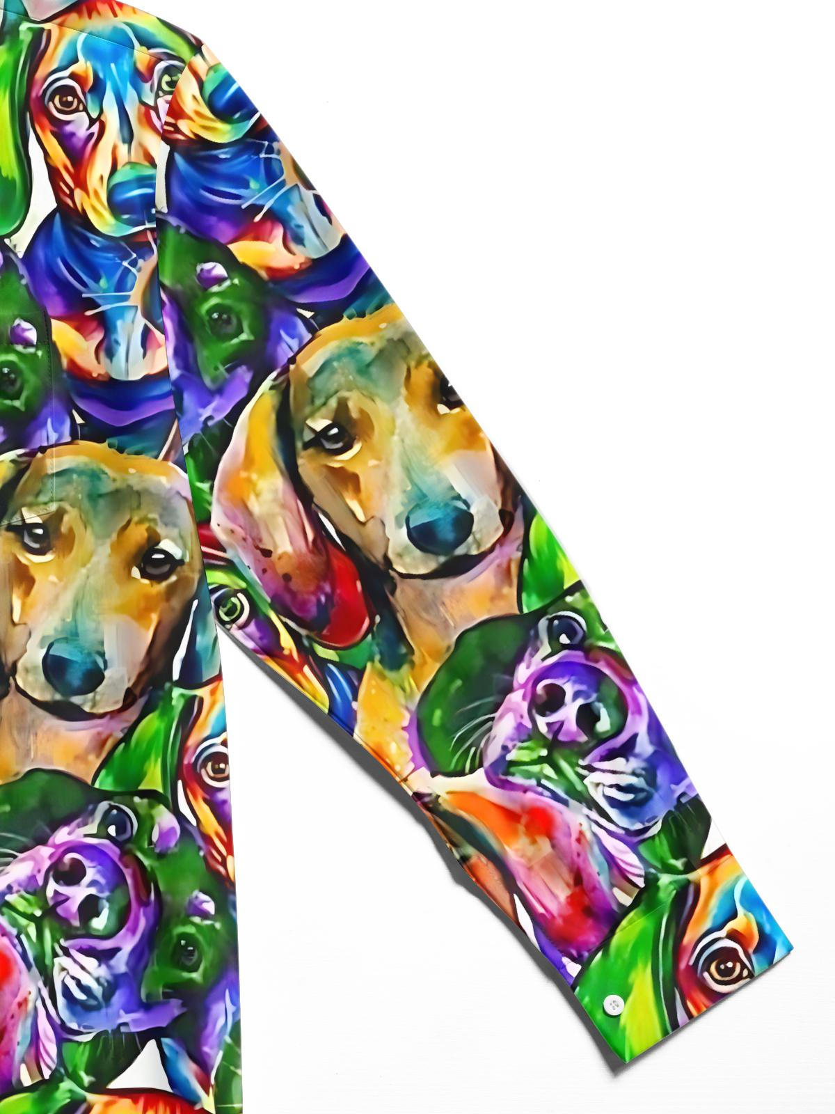 Watercolor Dachshund Print Men's Pocket Long Sleeve Shirts
