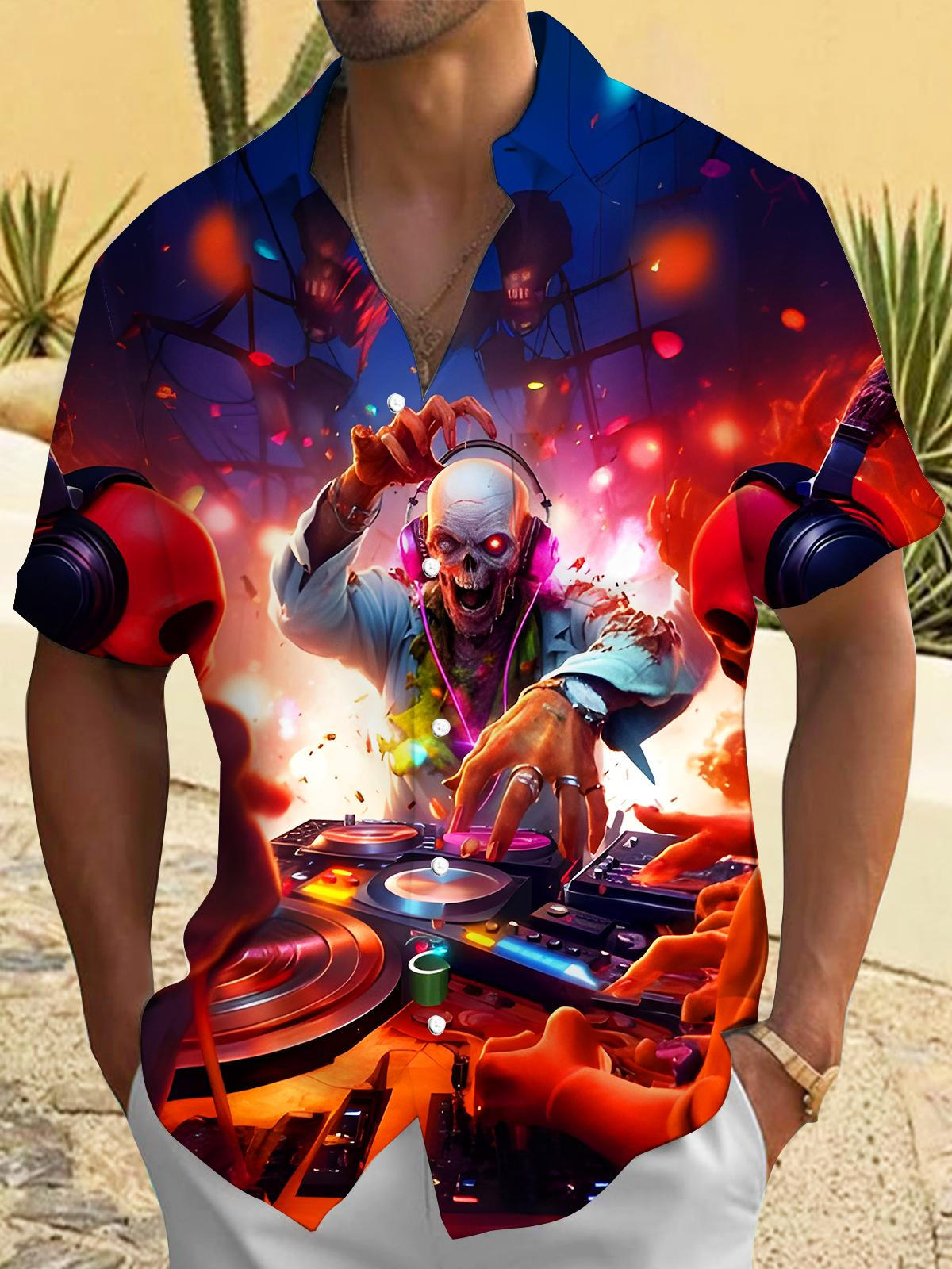 Fun DJ Skull Carnival Turntable Music Men's Pocket Short Sleeve Shirts