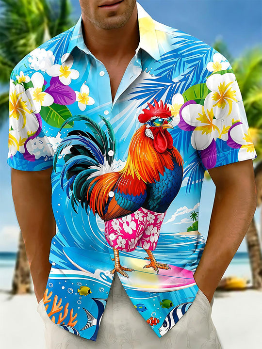 Fun Hawaiian Surfing Rooster Tropical Men's Pocket Short Sleeve Shirts