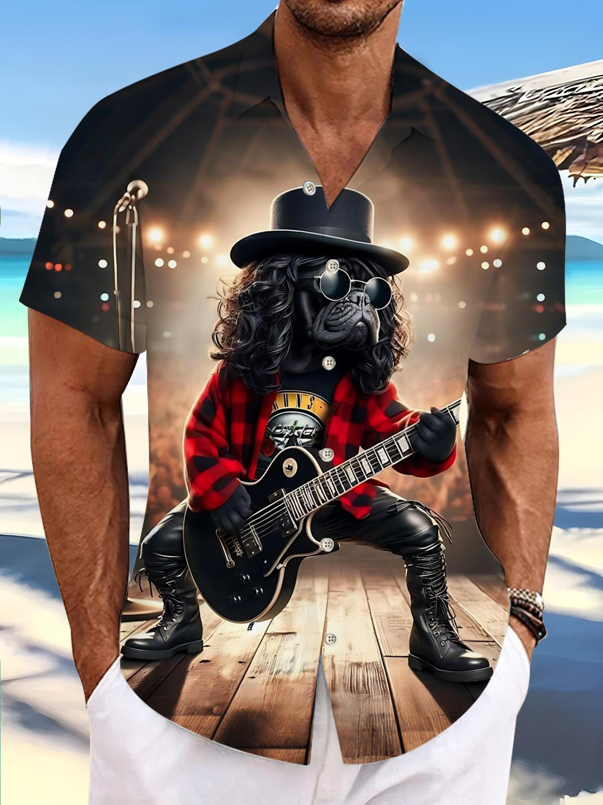 Rock Bulldog Print Men's Pocket Short Sleeve Shirts