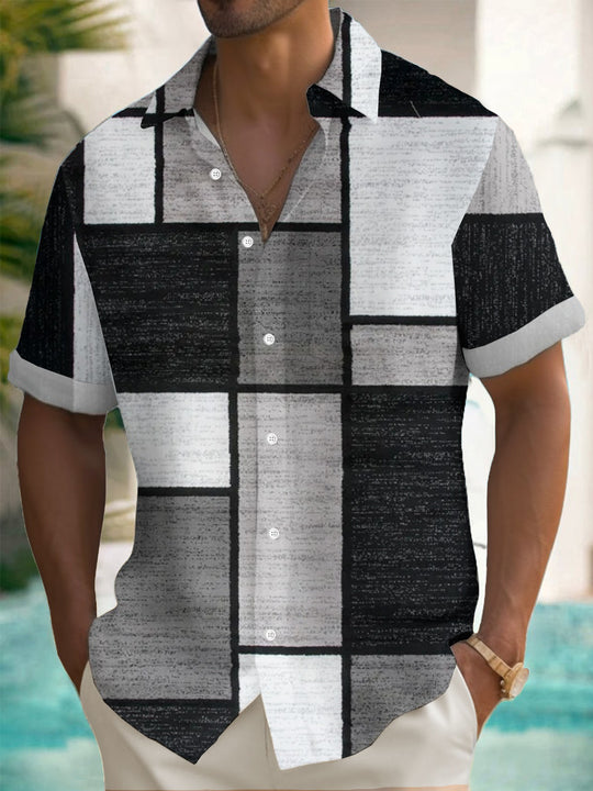Men's geometric print pocket short sleeve shirt front view