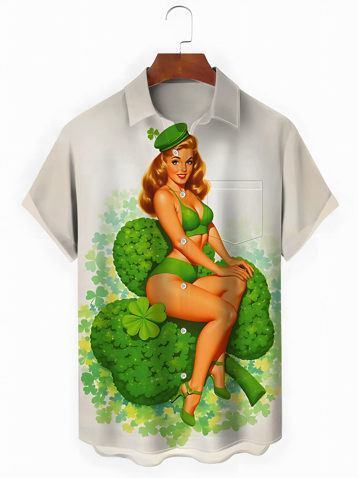 Vintage Beauty Four Leaf Clover Print Men's Pocket Short Sleeve Shirts