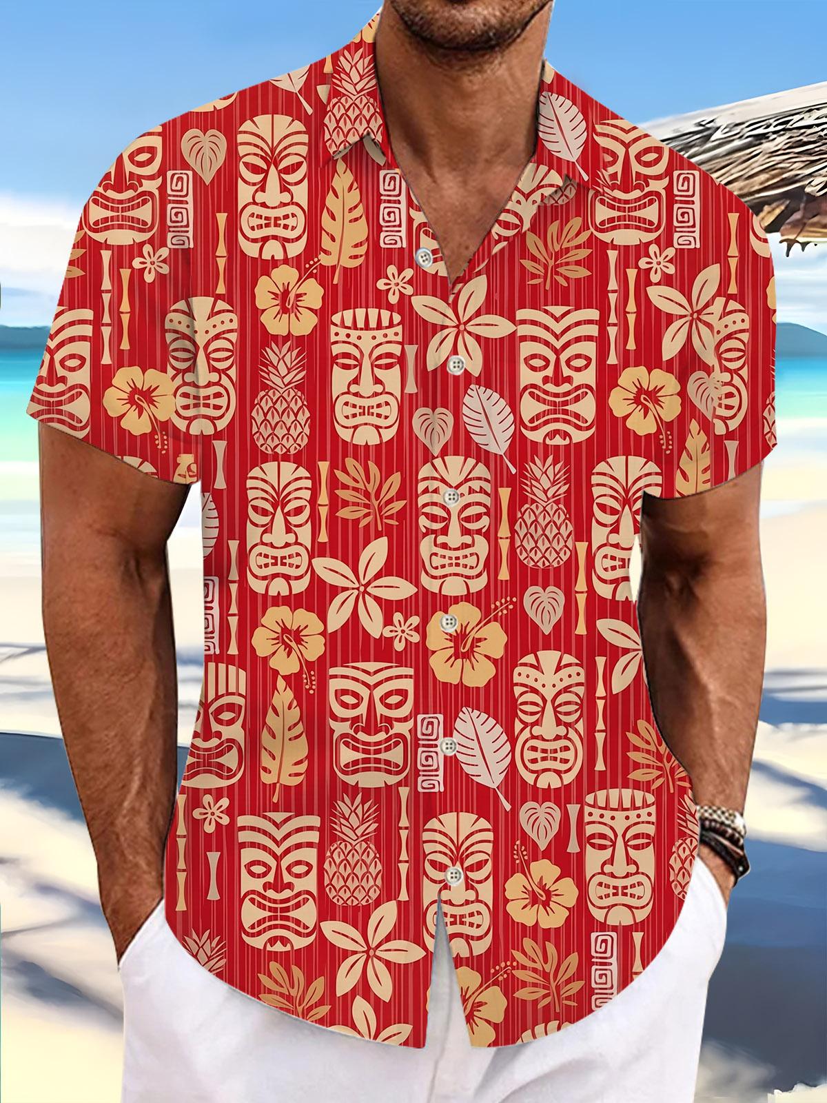 Hawaiian Tiki Print Men's Pocket Short Sleeve Shirts