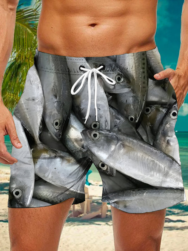 Men's blue fish print casual shorts front view