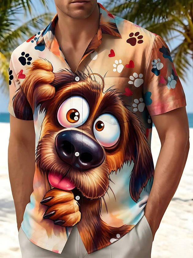 Fun Cartoon Big Eye Cute Dog Paw Print Heart Men's Pocket Short Sleeve Shirts