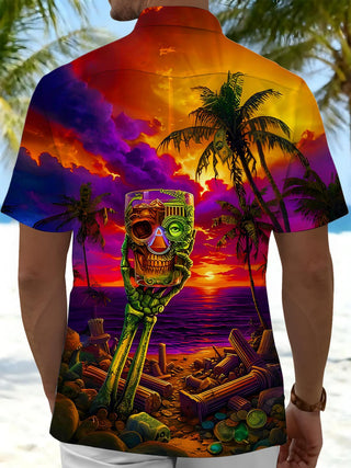 Men's dark Hawaiian skull print short sleeve shirt back view