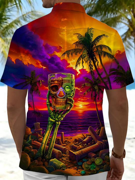 Men's dark Hawaiian skull print short sleeve shirt back view