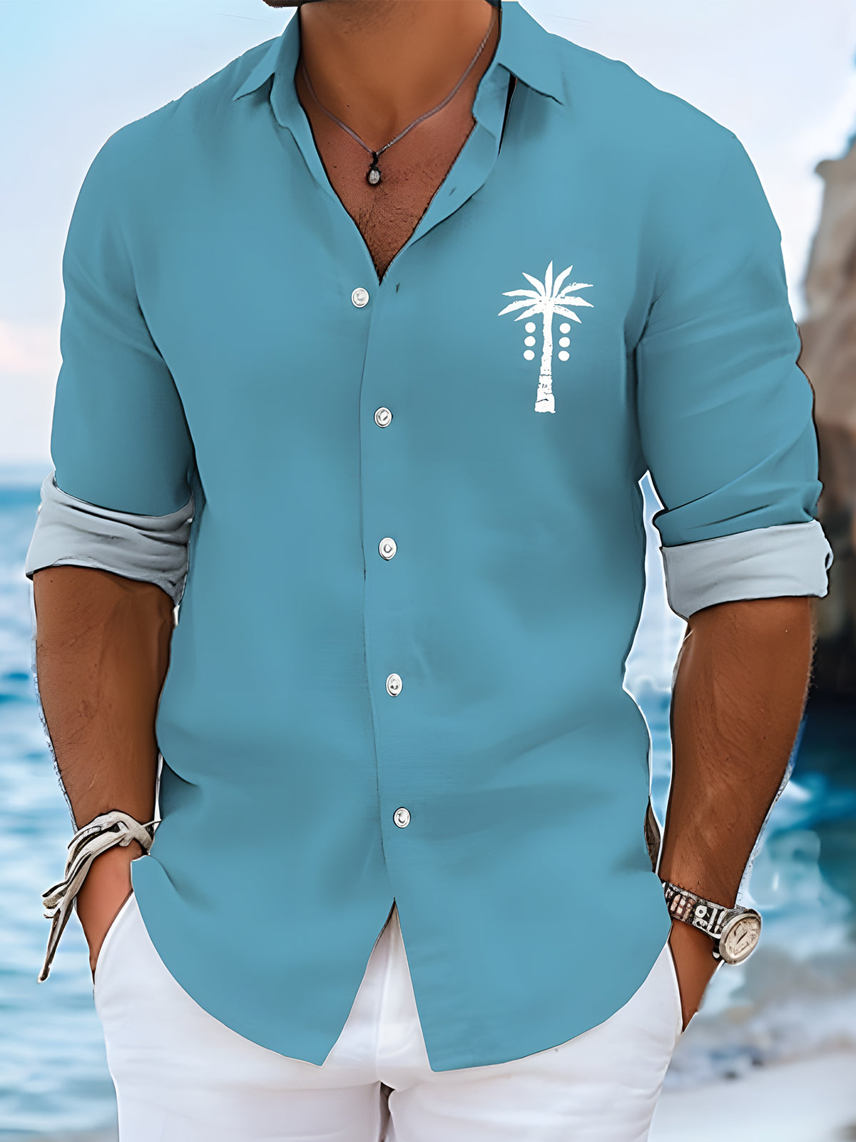 Coconut Tree Print Long Sleeve Shirt Collar Men's Shirts