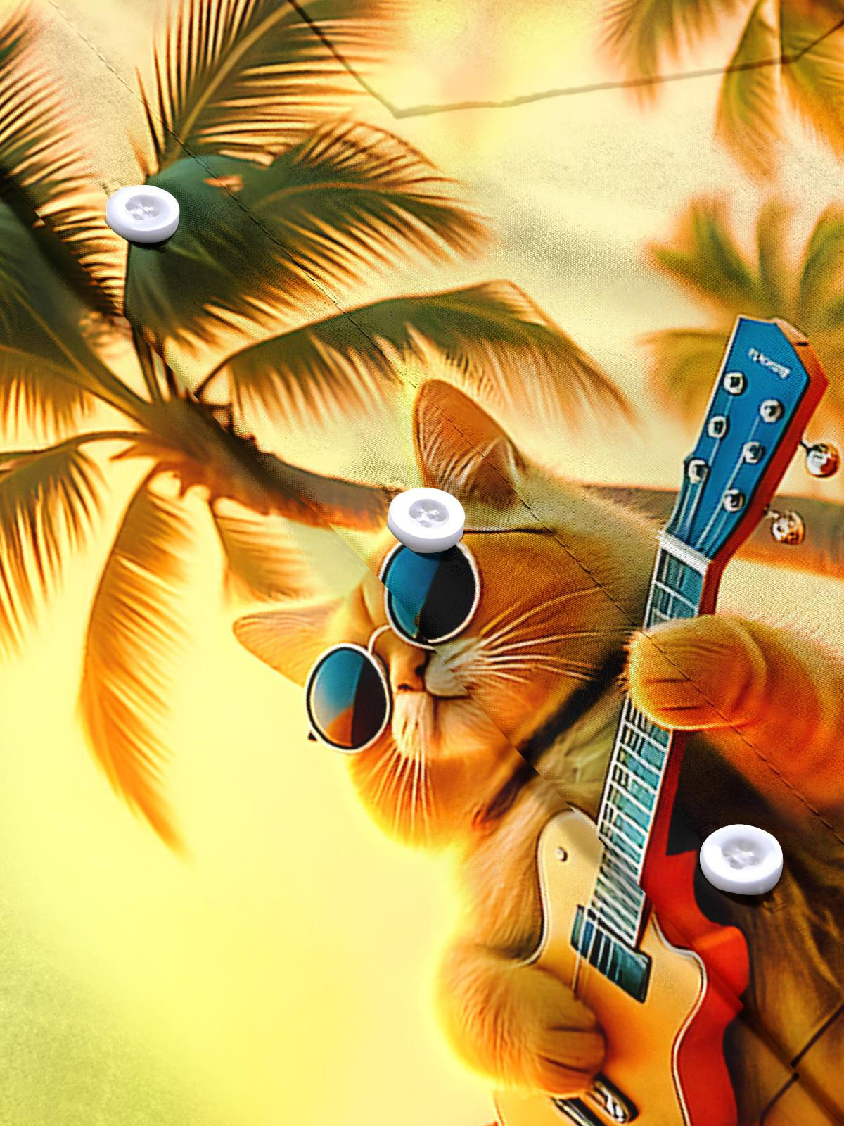 Hawaiian Cat Guitar Rock Men's Pocket Short Sleeve Shirts