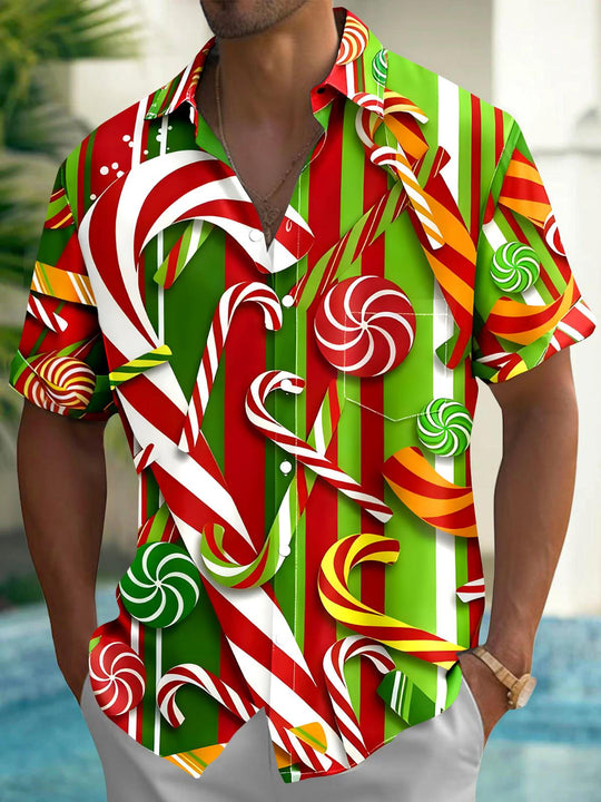Men's Christmas candies pattern short sleeve shirt front view for Christmas holiday party
