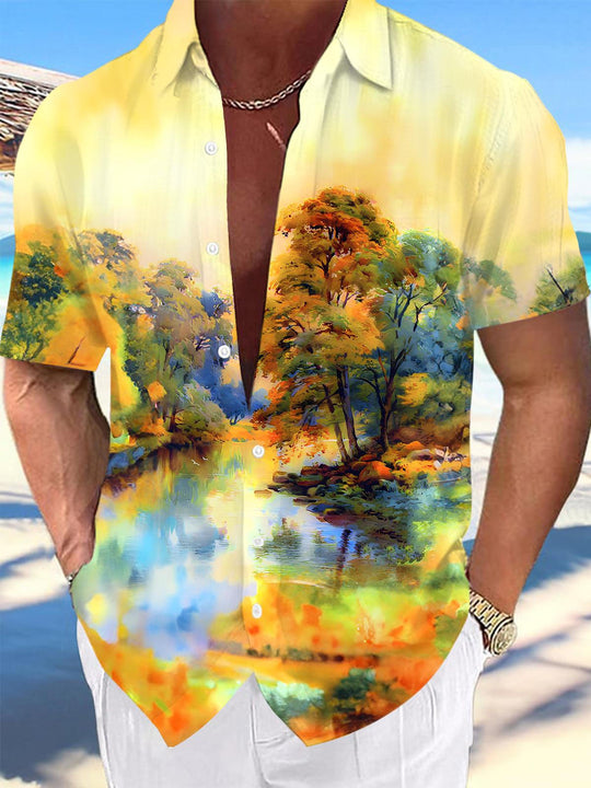 Men's botanical landscape print pocket short sleeve shirt front view