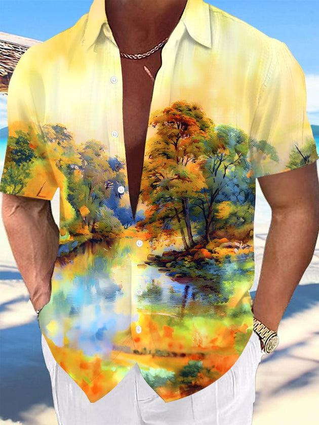 Men's botanical landscape print pocket short sleeve shirt front view