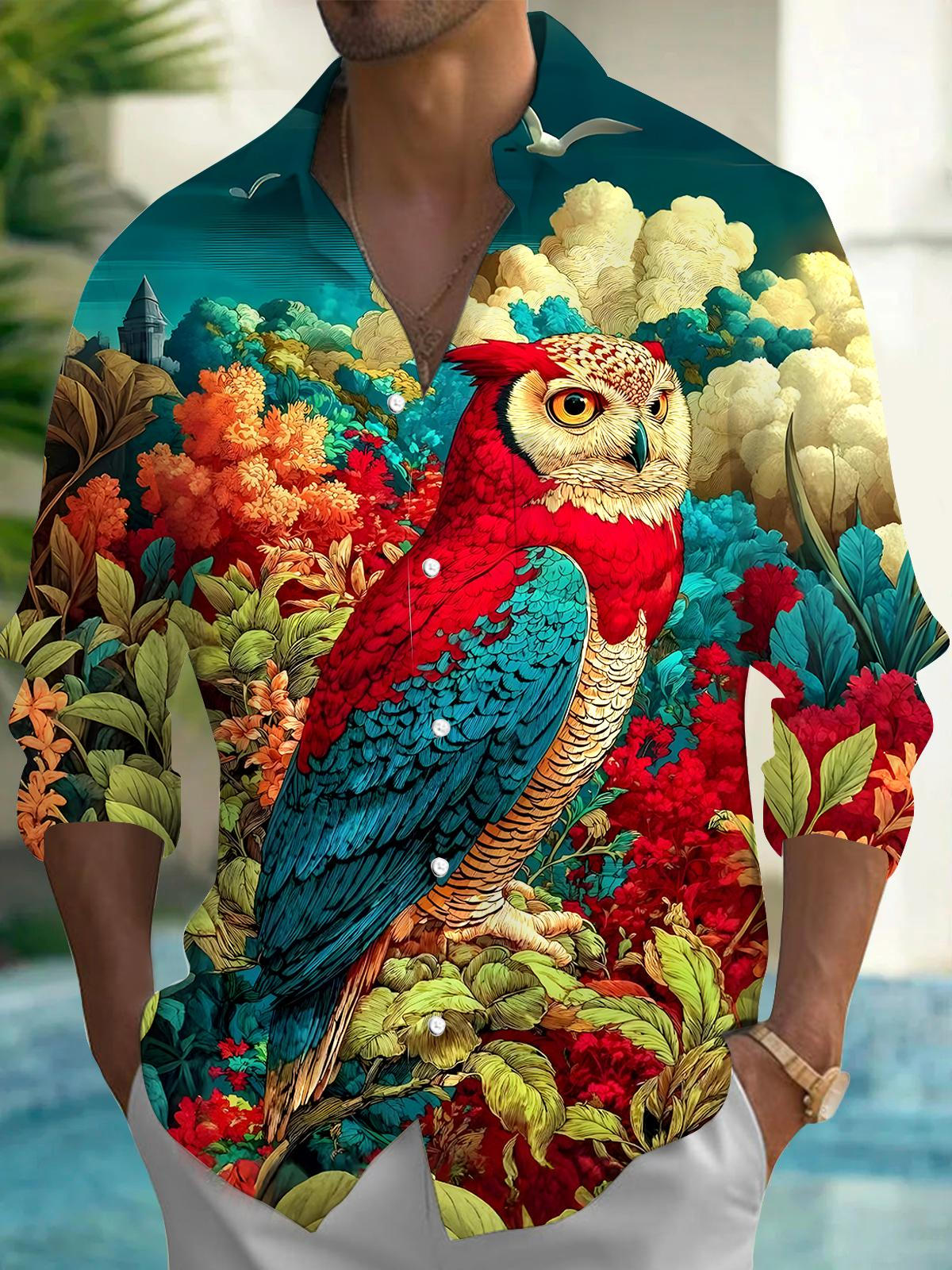 Owl Floral Men's Pocket Long Sleeve Shirts