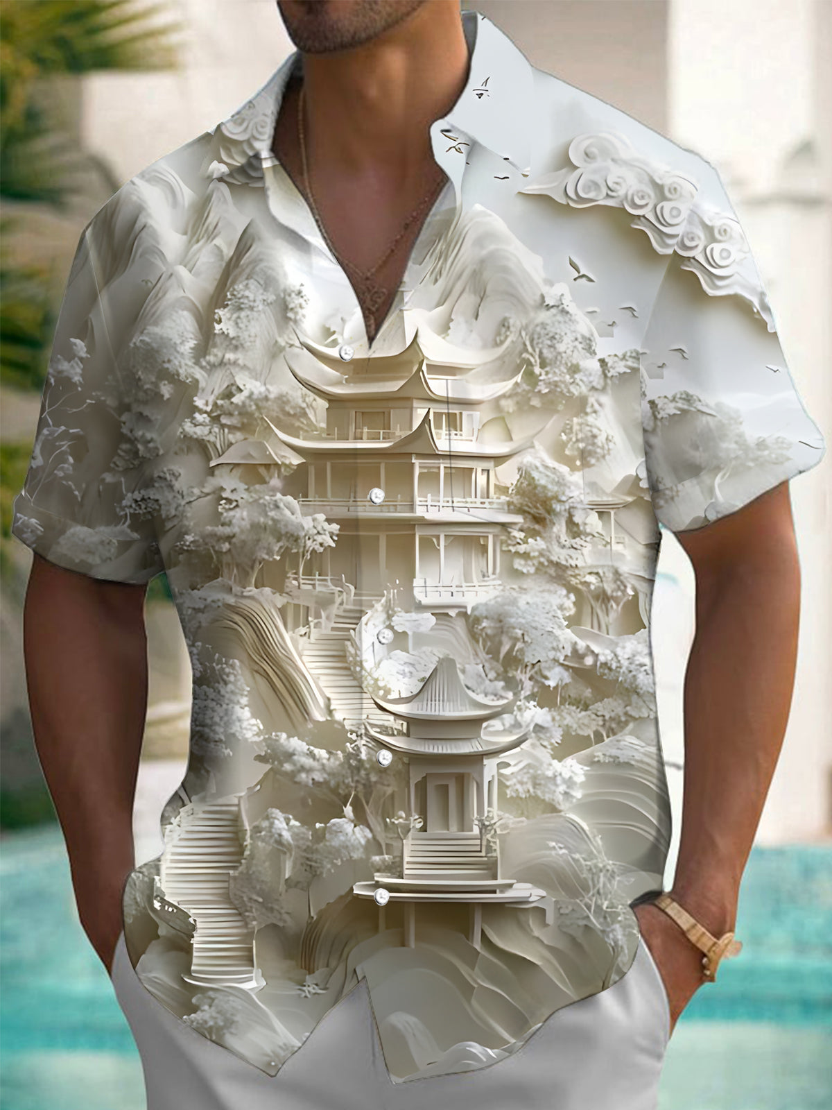 Courtyard Art Print Men's Pocket Short Sleeve Shirts