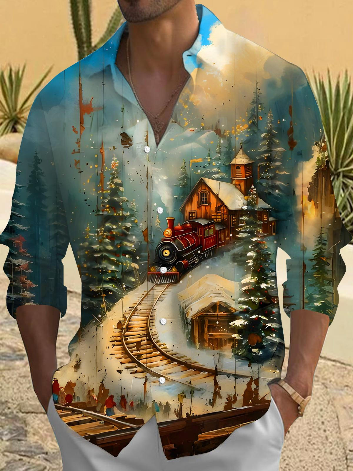 Winter Snow Scene Christmas Tree Train Xmas Men's Pocket Long Sleeve Shirts