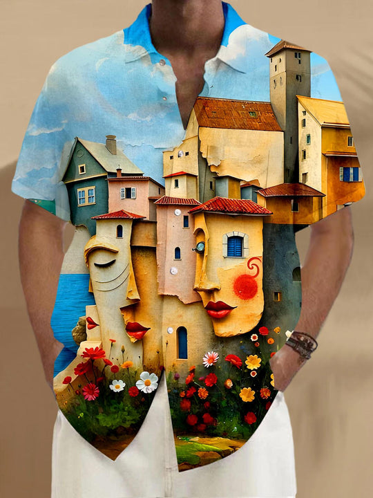 Men's colorful fun art face houses pocket short sleeve shirt front view