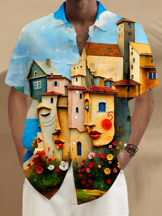 Men's colorful fun art face houses pocket short sleeve shirt front view