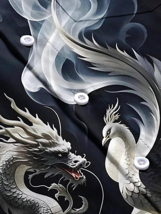 Men's dragon print short sleeve shirt flat lay pattern detail