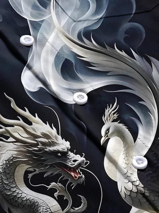 Men's dragon print short sleeve shirt flat lay pattern detail