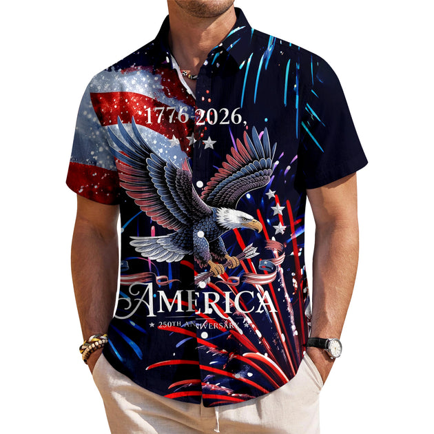 Men's red Hawaiian American flag print short sleeve button up shirt close-up detail of fabric texture and stitching