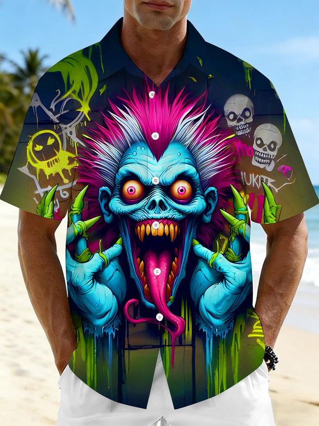 Men's dark neon graffiti horror clown pocket short sleeve shirt front view