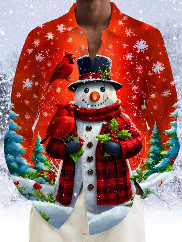 Men's Funny Snowman Bird Snowflakes Long Sleeve Shirt Front View