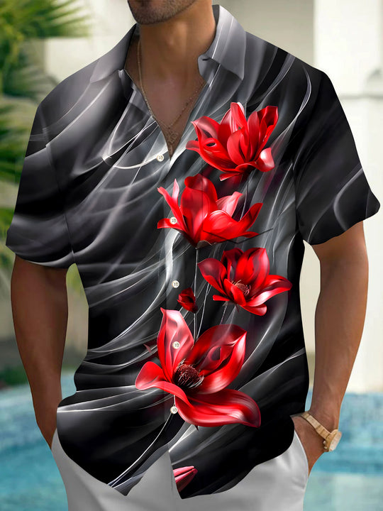 Men's blue floral abstract print short sleeve shirt front view