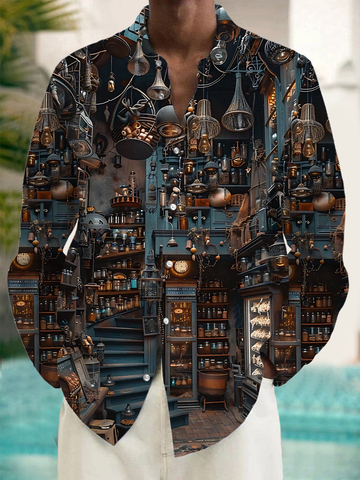 Vintage Print Men's Pocket Long Sleeve Shirts