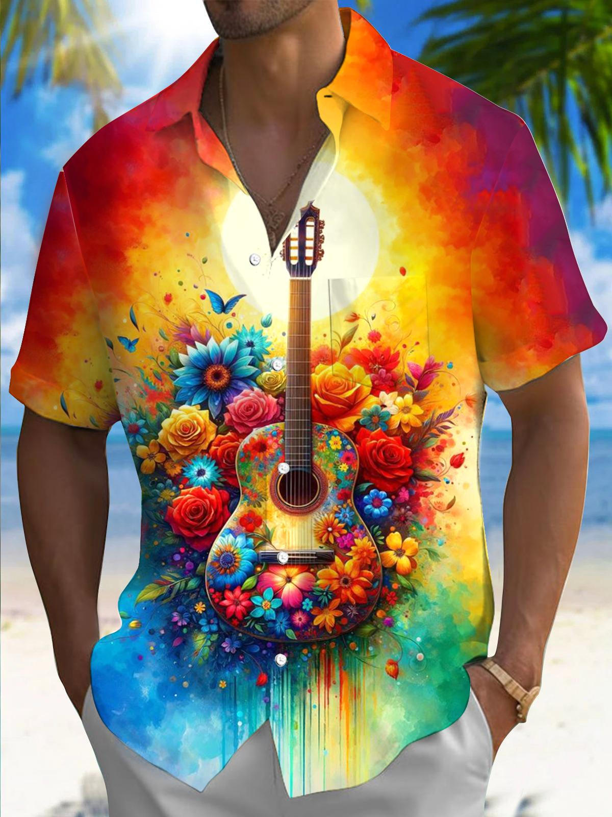 Botanical Floral Musical Instrument Print Men's Pocket Short Sleeve Shirts