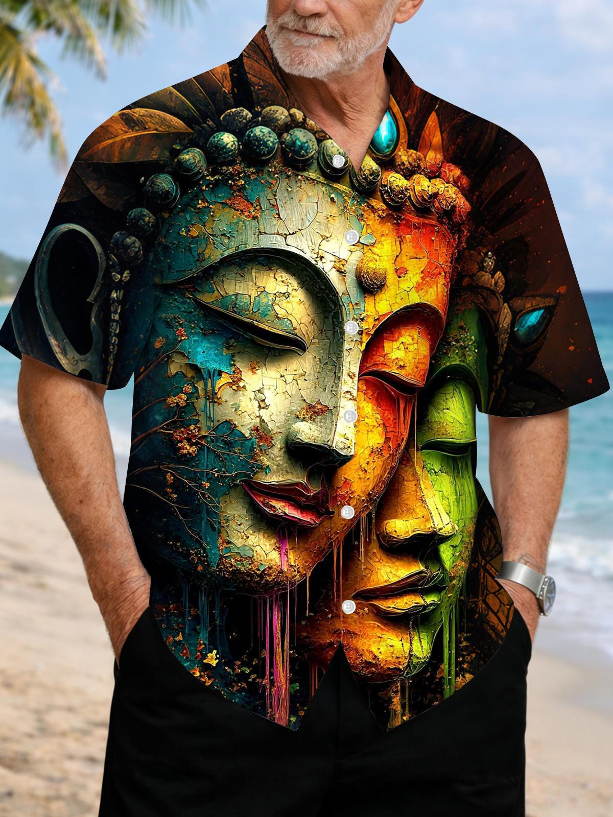 Men's Buddha art print pocket short sleeve shirt front view