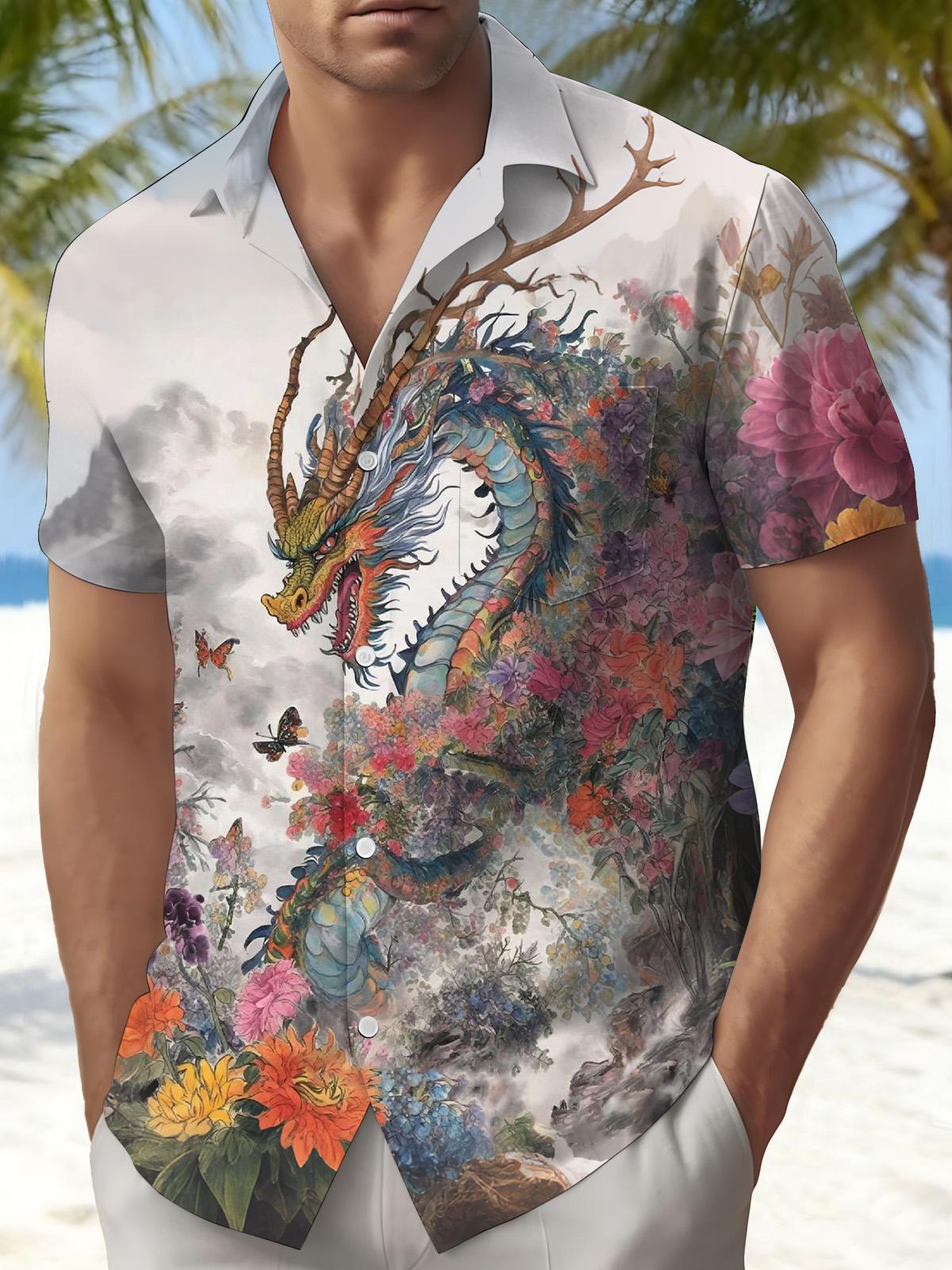Dragon Flower Print Men's Pocket Short Sleeve Shirts