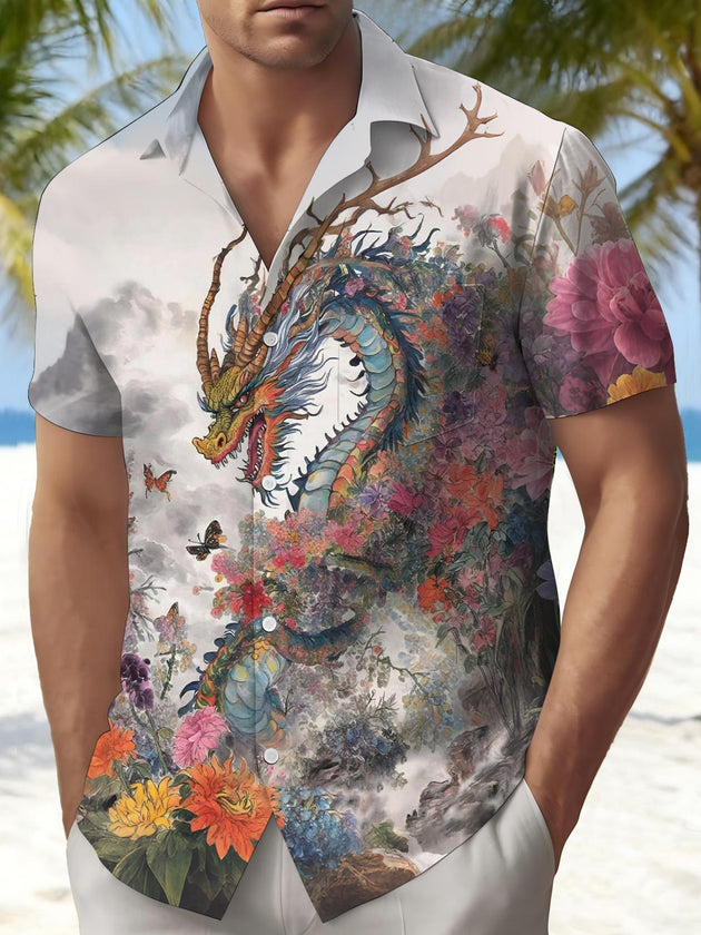 Dragon Flower Print Men's Pocket Short Sleeve Shirts