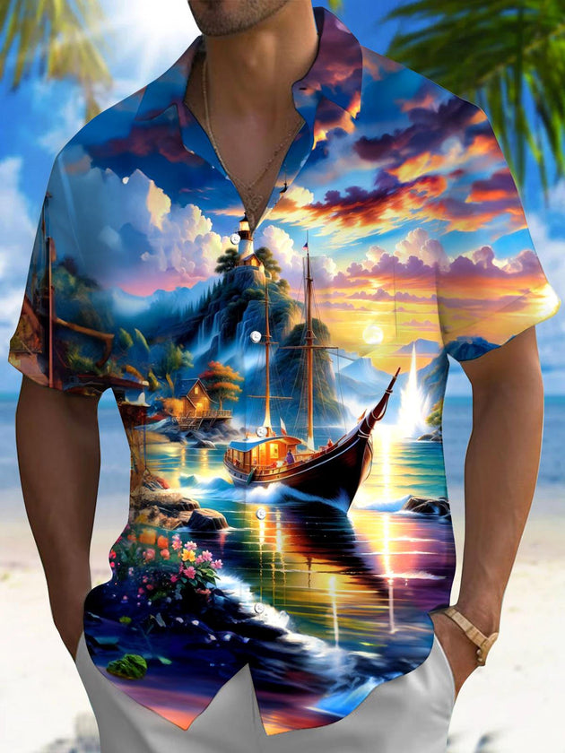 men's Hawaiian shirt front view tropical beach vacation